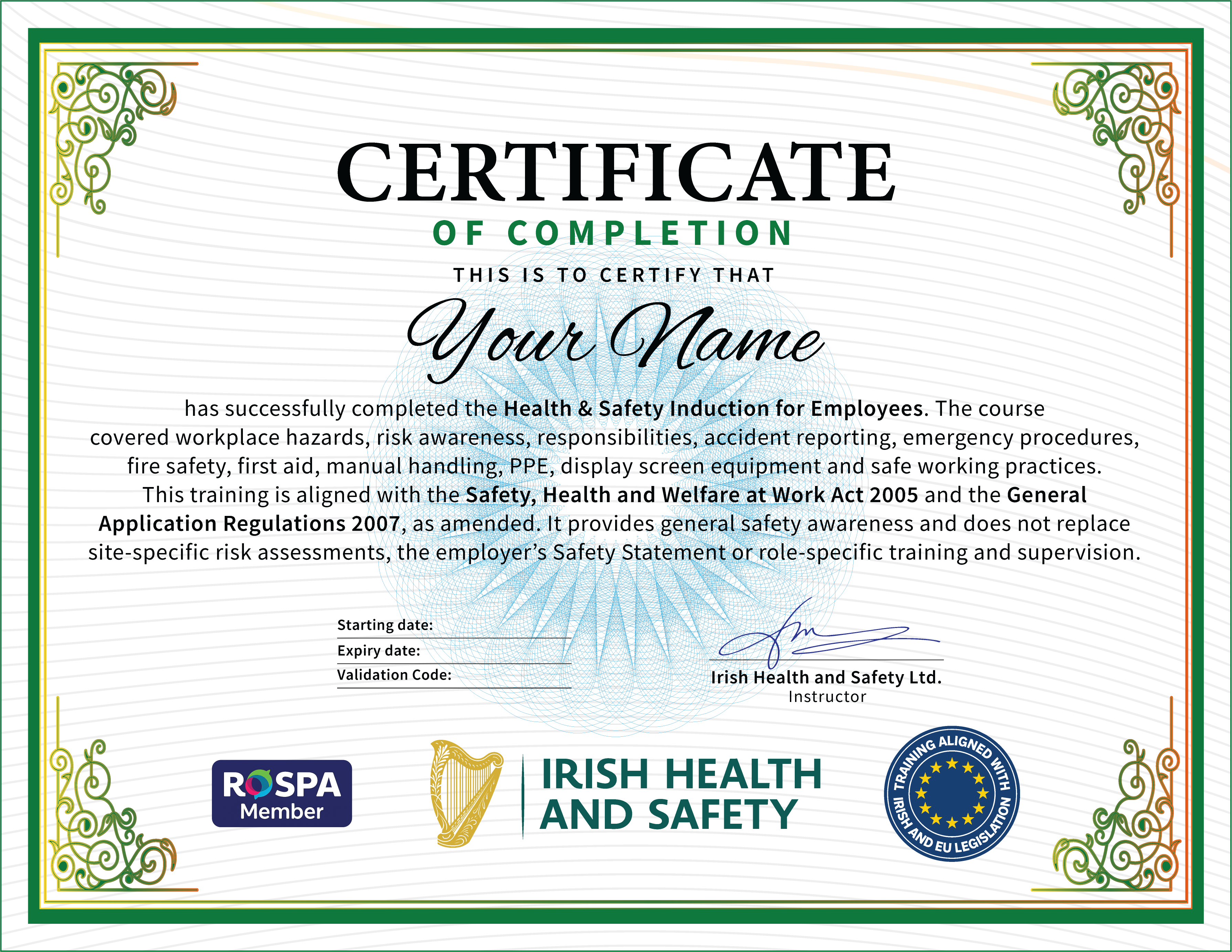 Sample Health and Safety certificate issued by Irish Health and Safety after the accredited Health & Safety Induction for Employees, ready to download