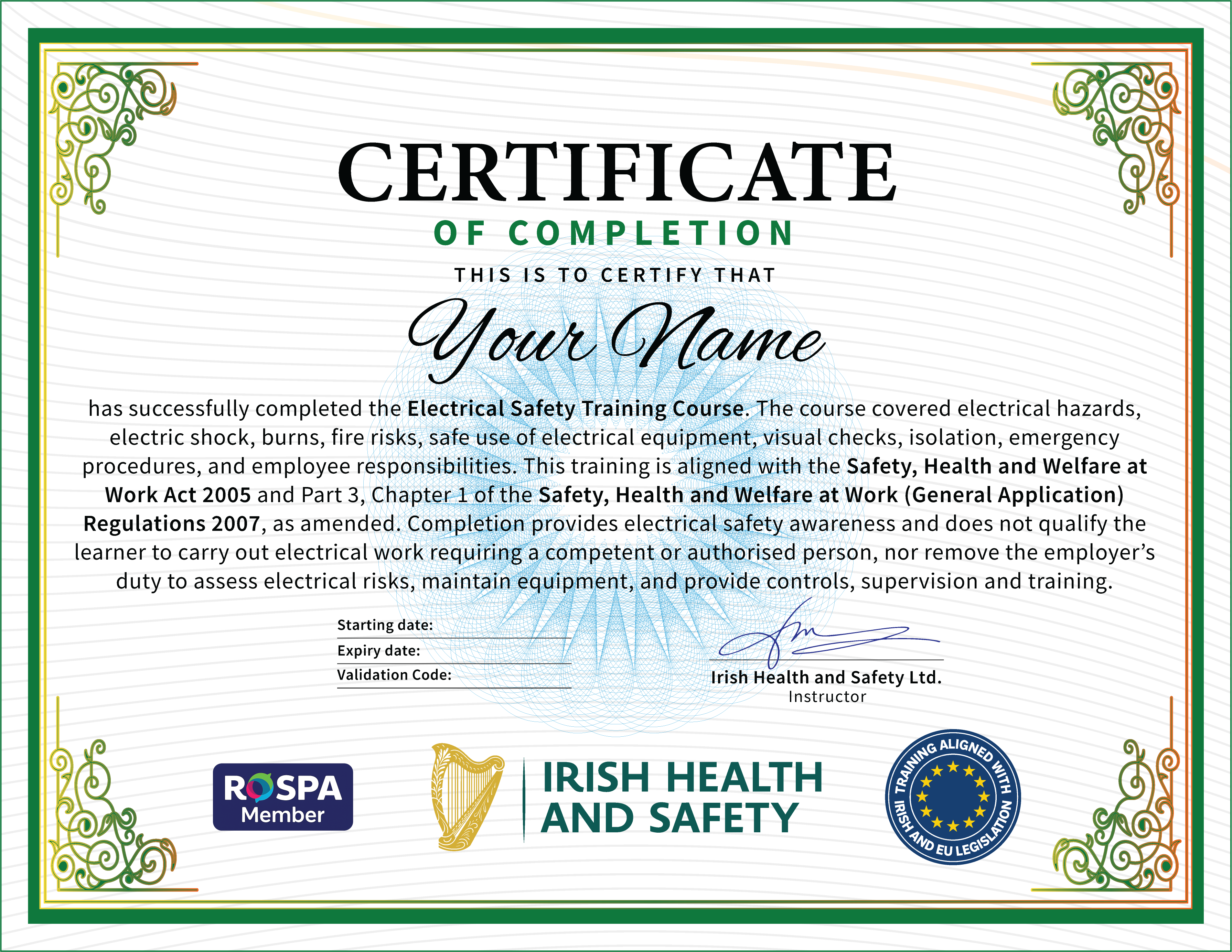 Sample Electrical Safety certificate issued by Irish Health and Safety after the accredited Electrical Safety Training Course, ready to download