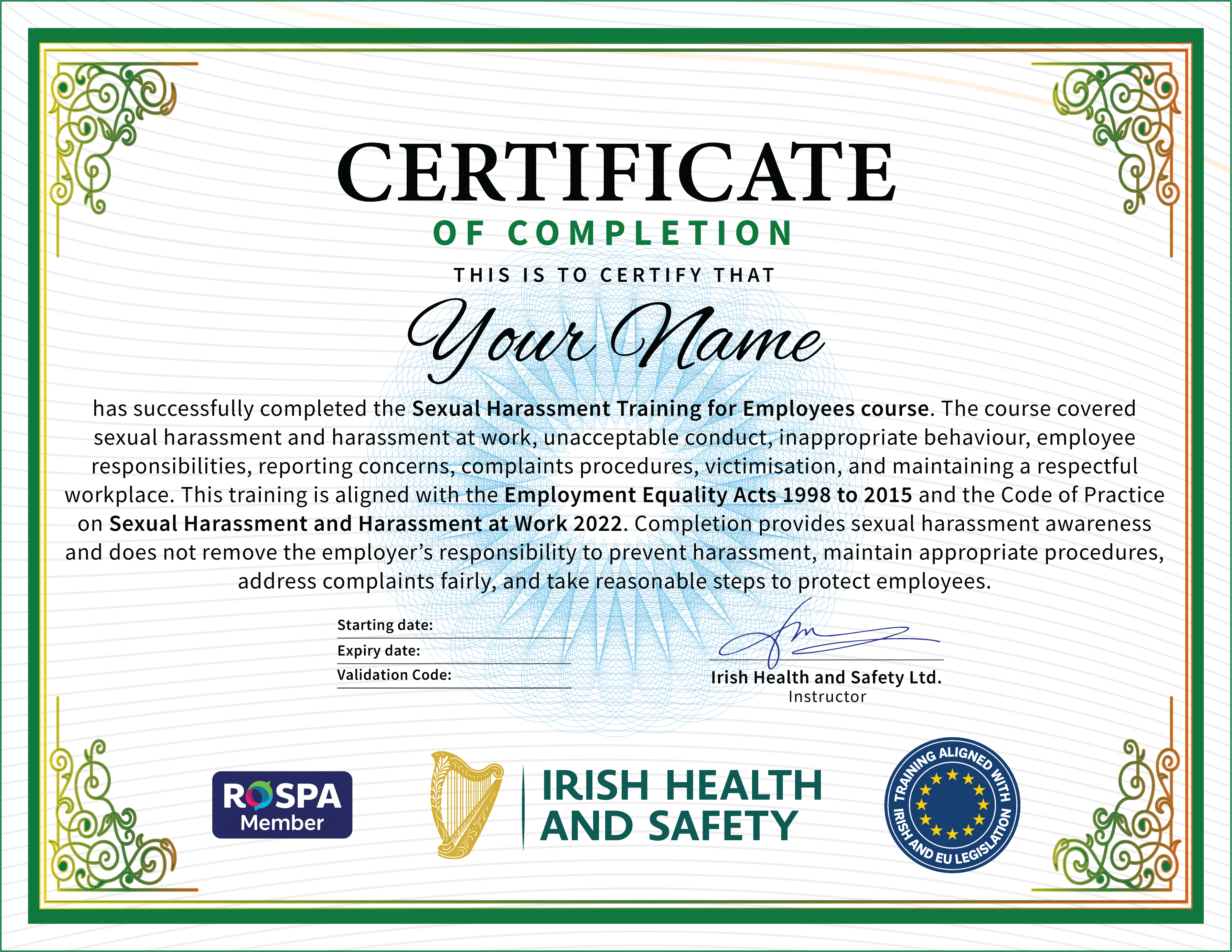 Sample Sexual Harassment Training certificate issued by Irish Health and Safety after the accredited Sexual Harassment Training for Employees, ready to download