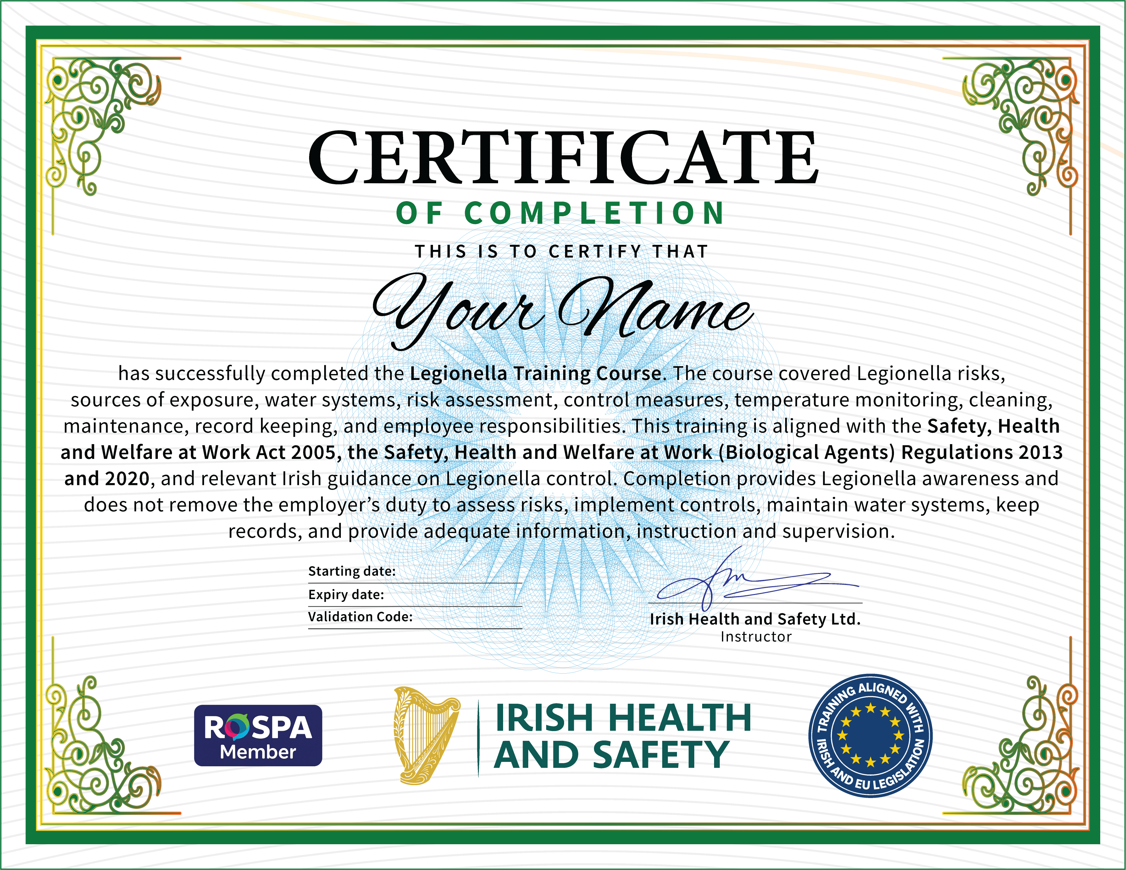 Sample Legionella Training certificate issued by Irish Health and Safety after the accredited Legionella Training Course, ready to download
