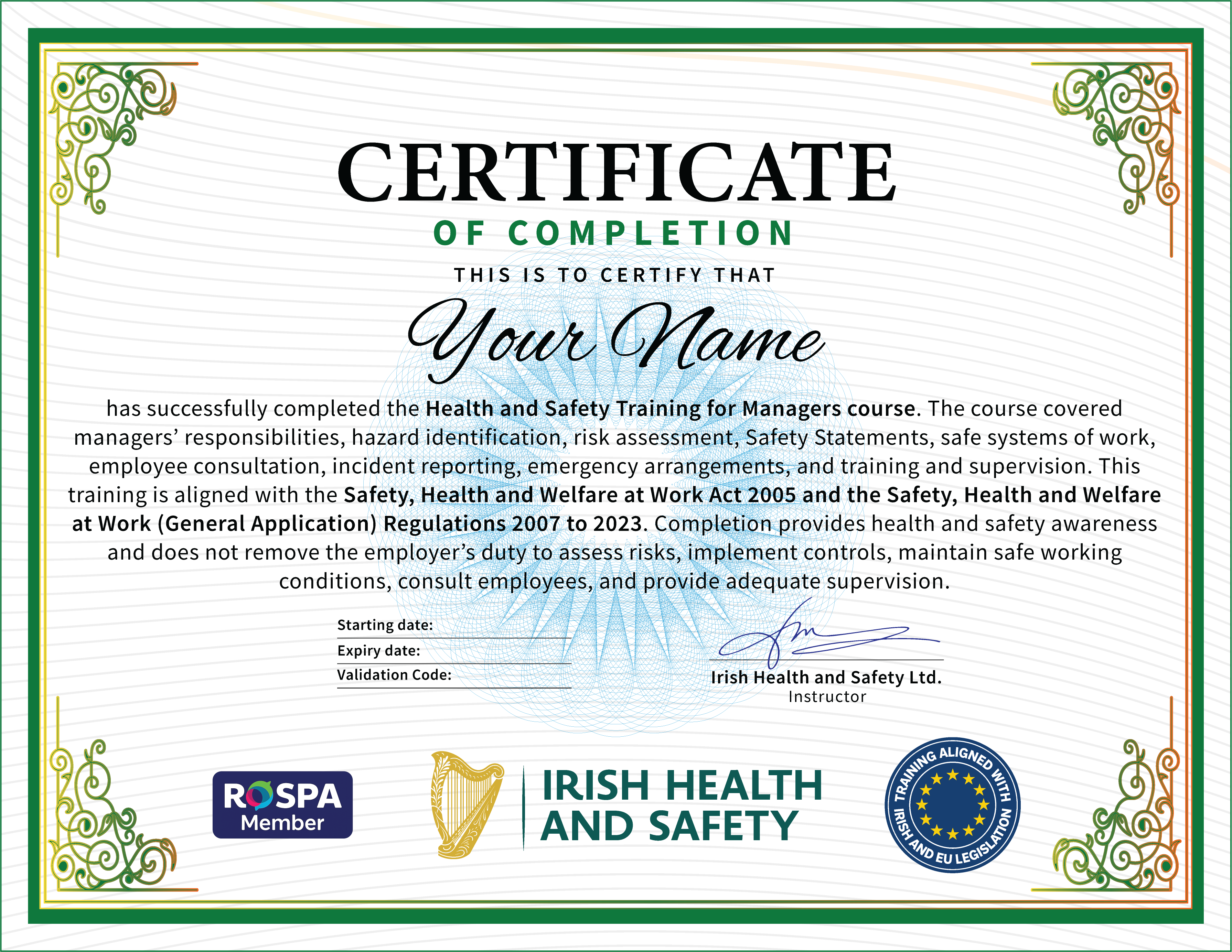 Sample Health and Safety for Managers certificate issued by Irish Health and Safety after the accredited Health and Safety Training for Managers, ready to download